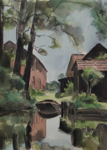 Manfred Pietsch Gehöft mit Kahnliegeplatz in Leipe 1985 Aquarell F MuseumOSL