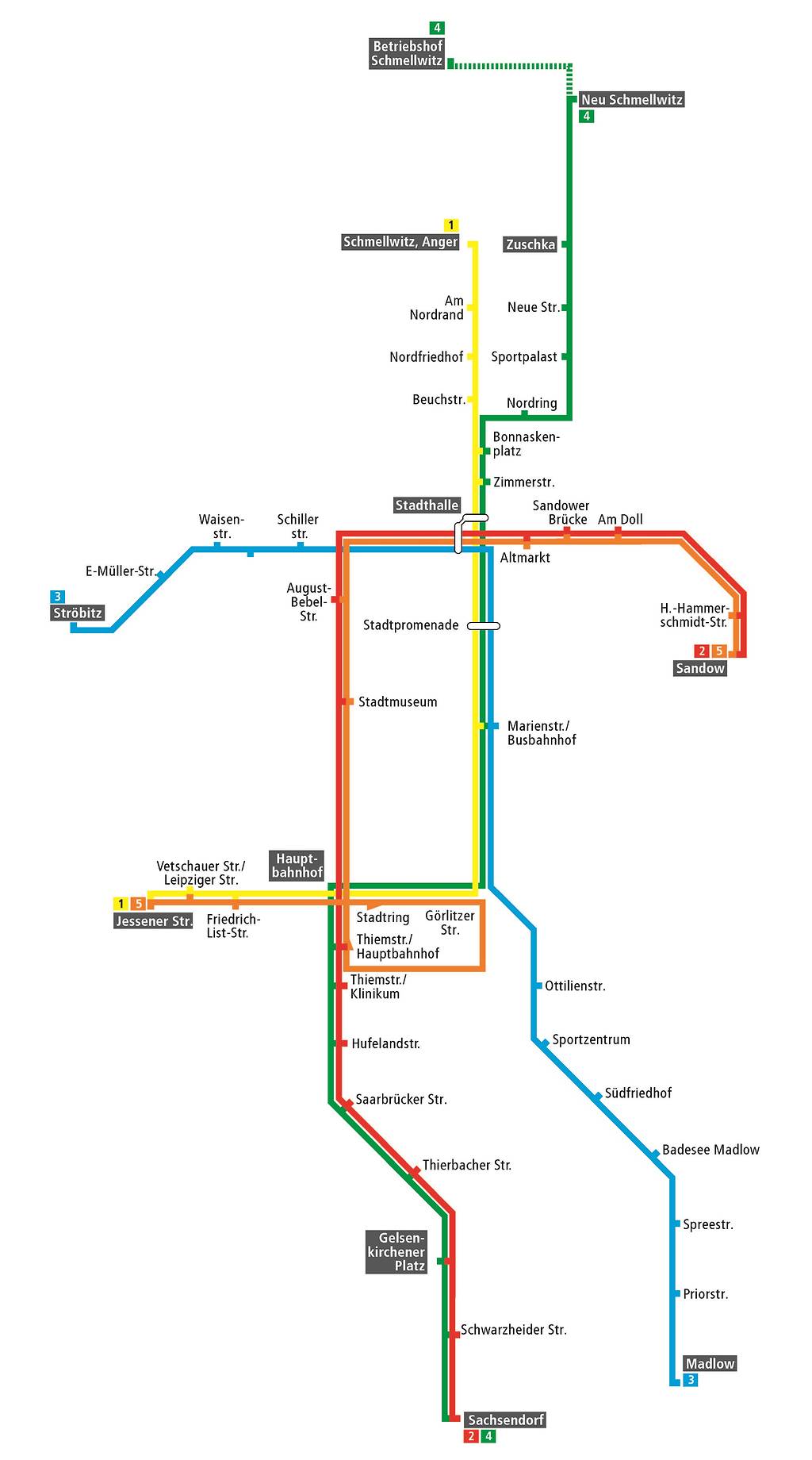 Straßenbahnliniennetz in Cottbus nach der Fertigstellung des Knotenpunkts am Berliner Platz