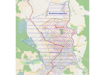 Vogelgrippe in Forst. Sperrbezirk ist mit roter Linie, Beobachtungsgebiet mit blauer Linie dargestellt.