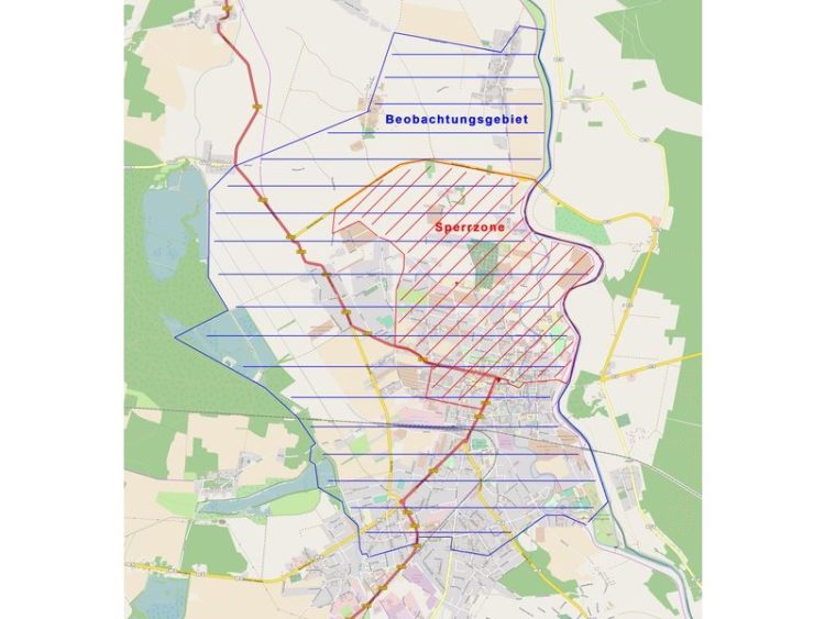 Vogelgrippe in Forst. Sperrbezirk ist mit roter Linie, Beobachtungsgebiet mit blauer Linie dargestellt.
