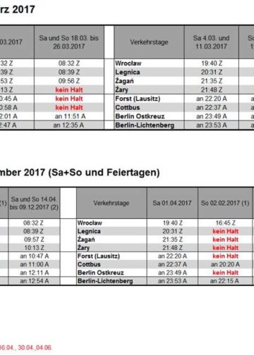 Fahrplan des Kulturzuges Berlin - Cottbus Wroclaw