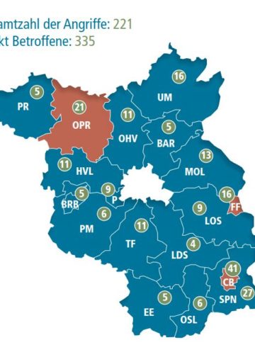 Übersicht der rechten Angriffe 2016 in Brandenburg; Quelle: Opferperspektive e.V.