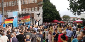 Links: Wahlkampfauftakt AfD in Cottbus, rechts: Bürgerfest im Puschkinpark