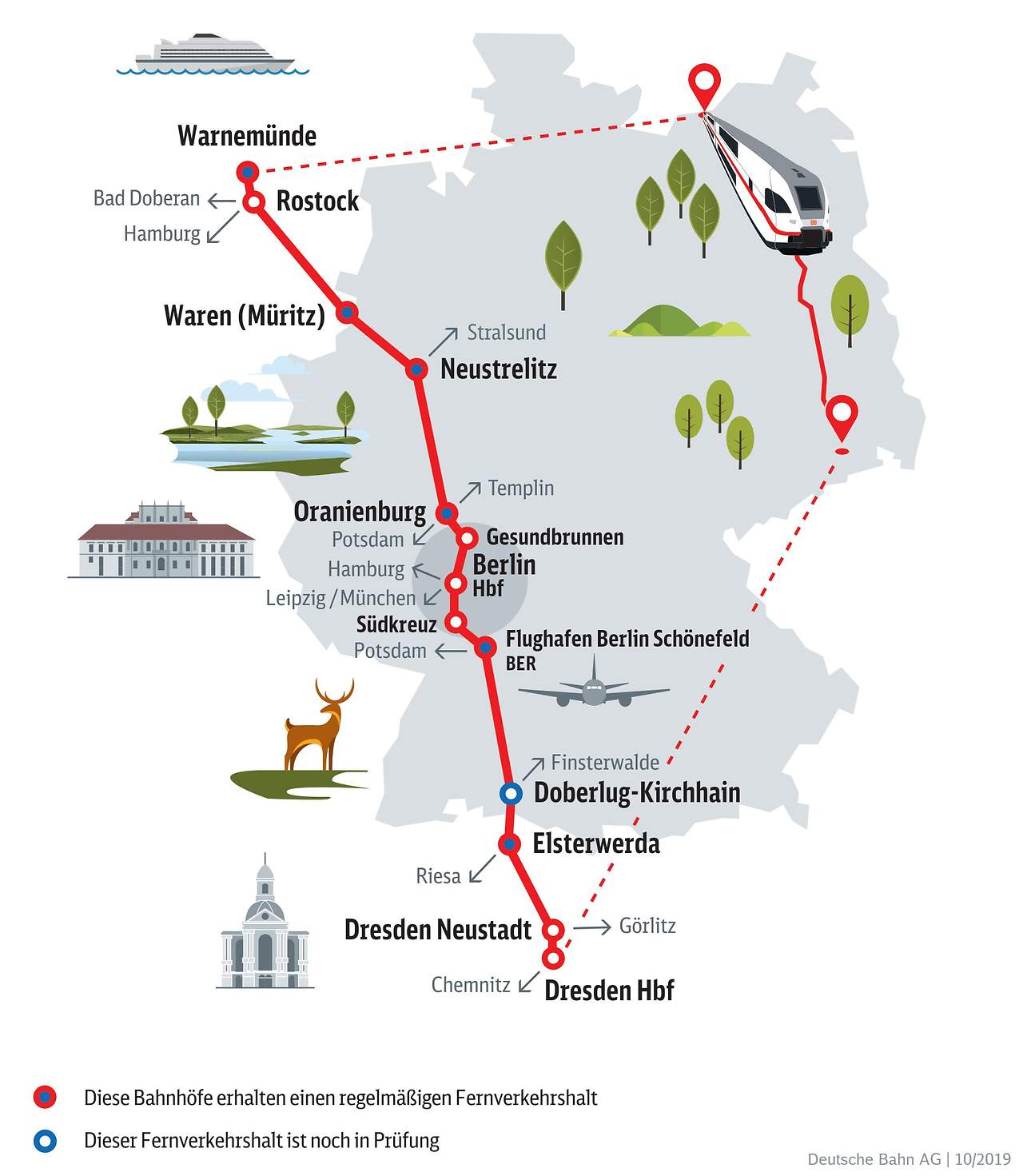 Streckenverlauf IC von Dresden über Elsterwerda Berlin nach Rostock; Quelle: Deutsche Bahn