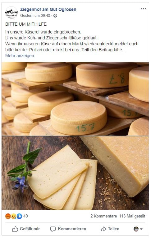 Facebookpost Käsediebstahl Ziegenhof Ogrosen