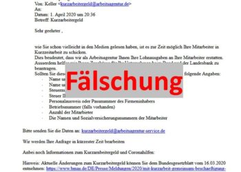 Gefälschte Mail an Arbeitgeber zum Kurzarbeitergeld im Umlauf