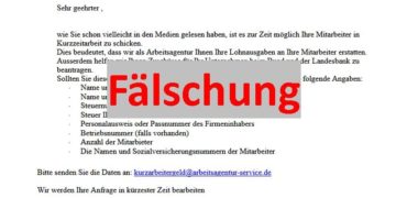 Gefälschte Mail an Arbeitgeber zum Kurzarbeitergeld im Umlauf
