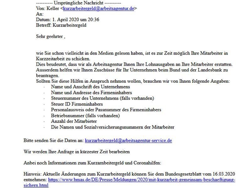 Gefälschte Mail zum Kurzabreitergeld Gefälschte Mail zum Kurzabreitergeld