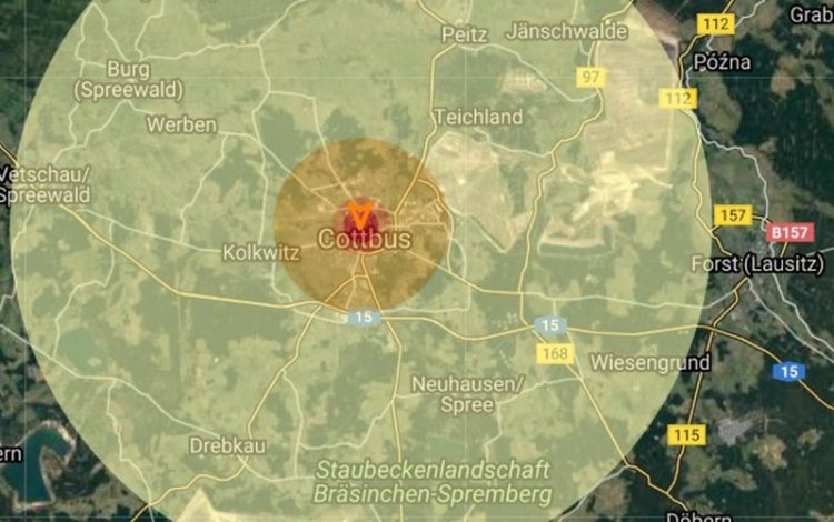 Simulation der Hiroshima-Atombombe über Cottbus