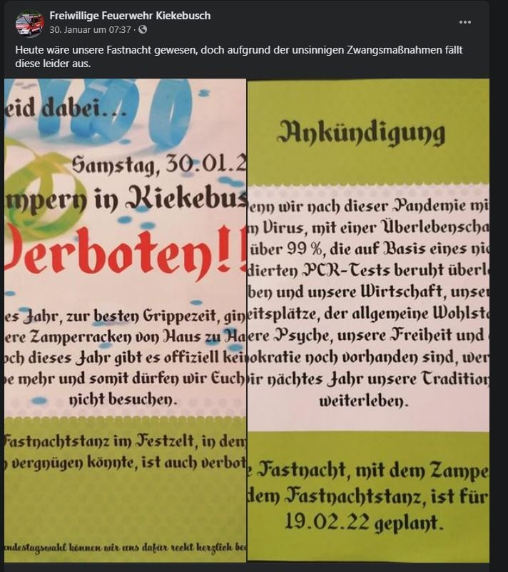 Auf Facebook veröffentlichter Flyer und Statement der Cottbuser Ortsteilwehr Kiekebusch vom 30.01.2021; Quelle: Facebookseite der Freiwilligen Feuerwehr Kiekebusch