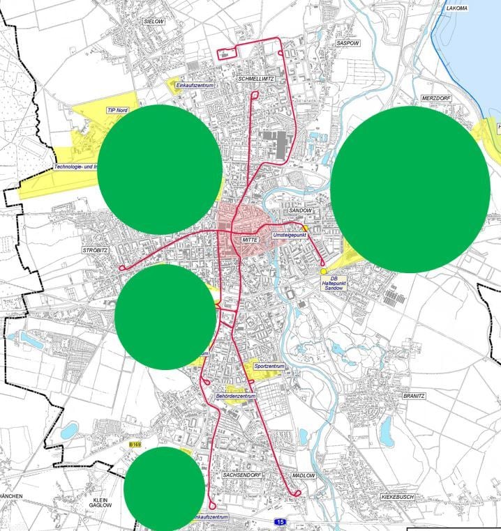 Cottbuser Netzbetrachtung mit Ausbaupotentialen für die Straßenbahn; Quelle: Cottbusverkehr