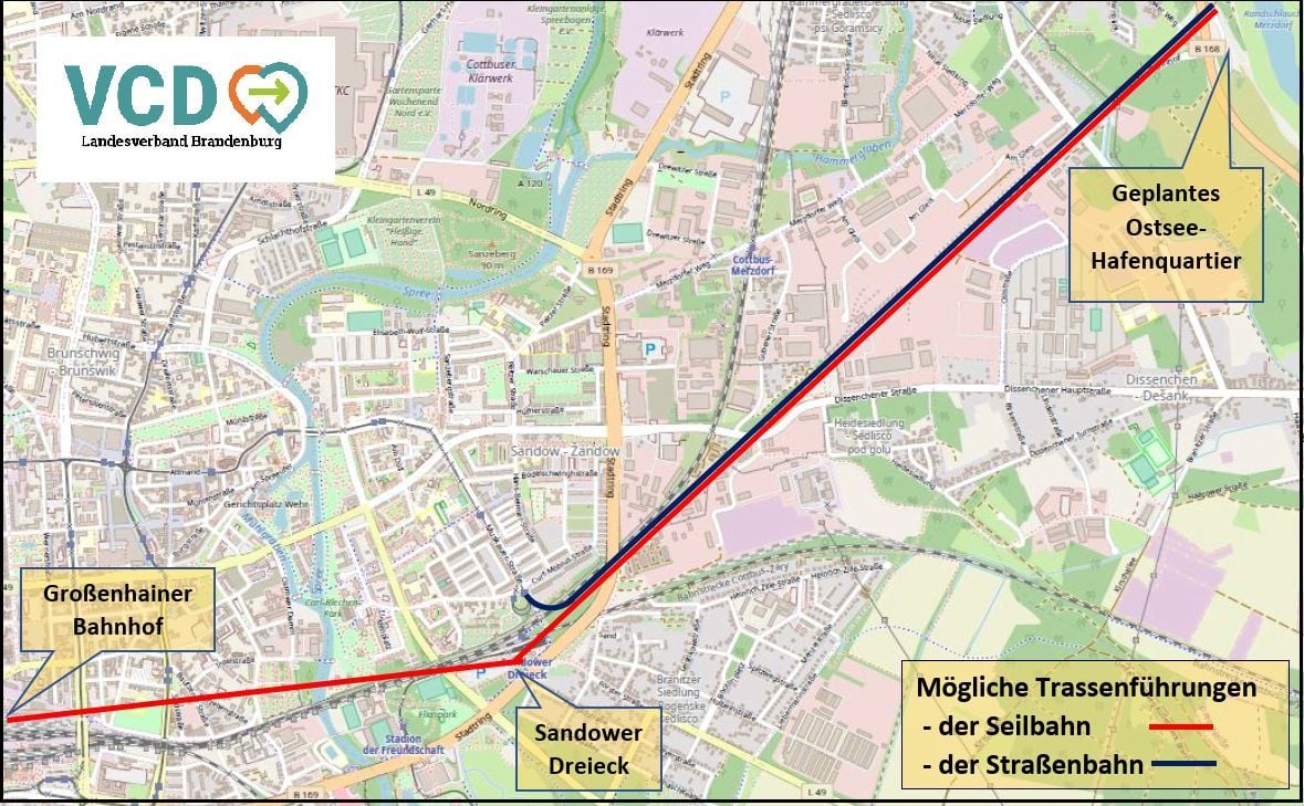 Trassenführung einer möglichen Seilbahn und Tram zum künftigen Cottbuser Ostsee; VCD Cottbus