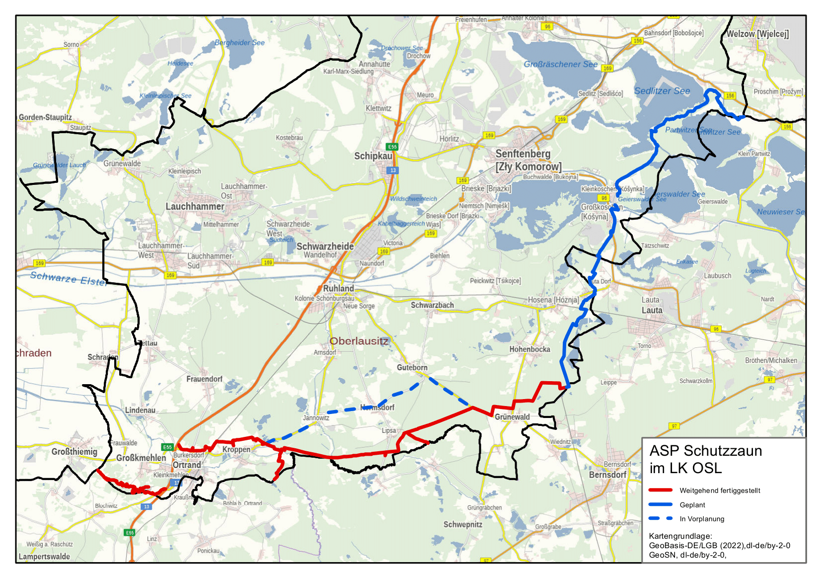 OSL erweitert Schutzzaun gegen afrikanische Schweinepest, 23,5 Kilometer Erweiterung geplant, Grafik: Landkreis Oberspreewald-Lausitz