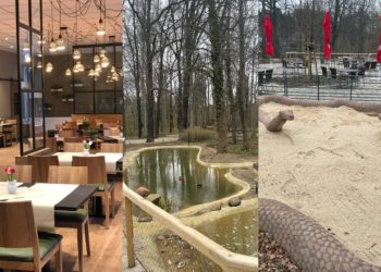 Die Gaststätte, ein neuer Schlangenspielplatz und das Kapuzinergehege an einem Ort