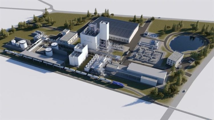 Geplante Anlage zur Herstellung von grünem Kerosin auf dem GreenArealLausitz (ehemaliger Flugplatz Drewitz); Grafik: Hy2gen