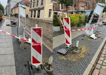 Zerstörte Straßenbahnhaltestellte in Cottbus nach Autounfall; Foto: privat