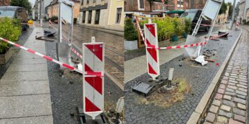Zerstörte Straßenbahnhaltestellte in Cottbus nach Autounfall; Foto: privat