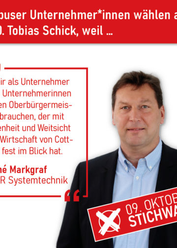 Cottbuser Unternehmer rufen zur Wahl von Tobias Schick auf