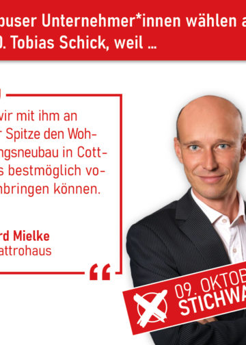 Cottbuser Unternehmer rufen zur Wahl von Tobias Schick auf