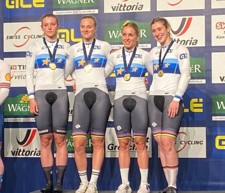 Alessa Pröpster, Lea Sophie Friedrich, Emma Hinze und Pauline Grabosch (v. li.) holten den EM-Titel im Teamsprint. Foto: BDR