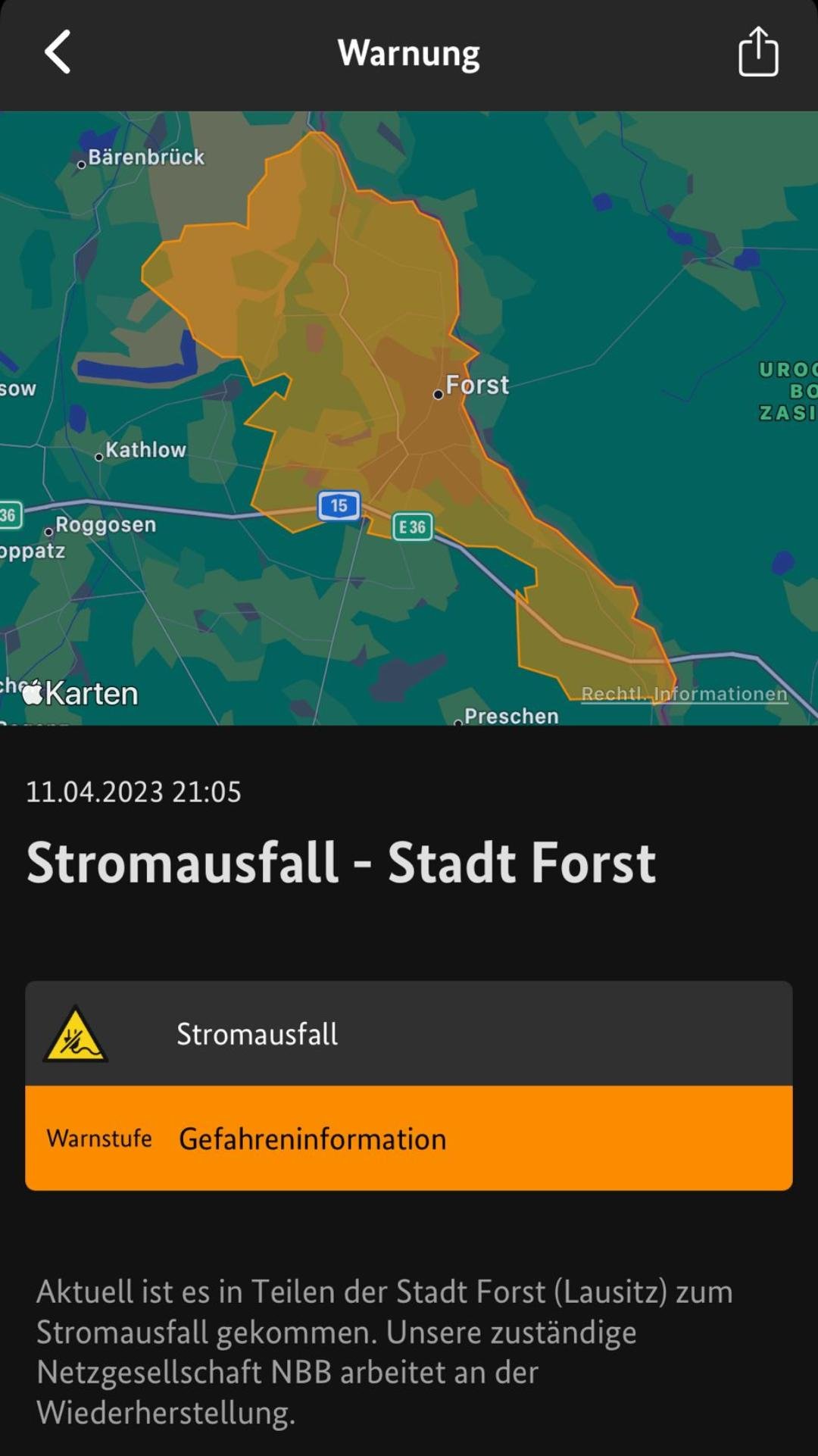 NINA-APP warnt vor Stromausfall in Forst (Lausitz)