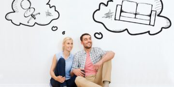 home, people, repair, moving and real estate concept - happy couple of man and woman sitting on floor at new place with text bubbles and furniture doodles