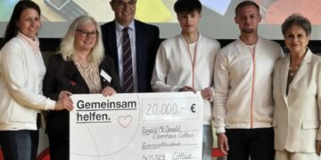 Spendenübergabe mit Scheck: vlnr: Daniela Lehnigk, Sibylle Stahn, Prof. Thomas Erler, Niclas Pürschel – Auszubildender Bankkaufmann in 1. Lehrjahr, Jakob Schella – Auszubildender Bankkaufmann in 2. Lehrjahr, Schirmherrin Dagmar Frederic