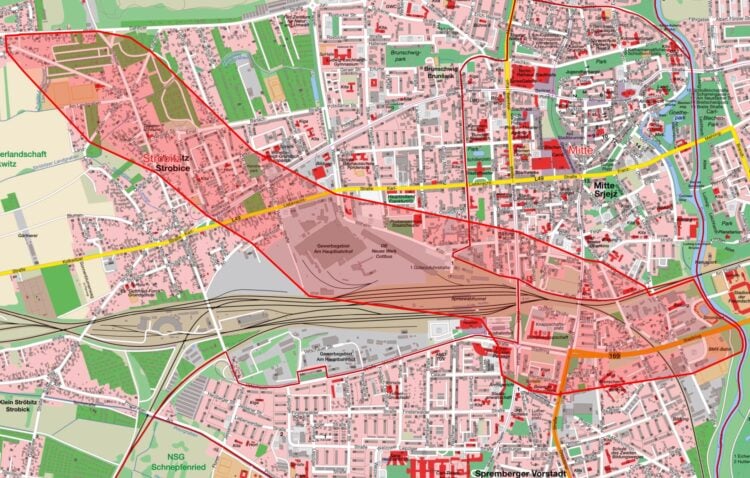 Schadstofffahne breitet sich in Cottbus aus. Vorläufige Verbotskarte ab 18.05.2025; Quelle: Stadt Cottbus