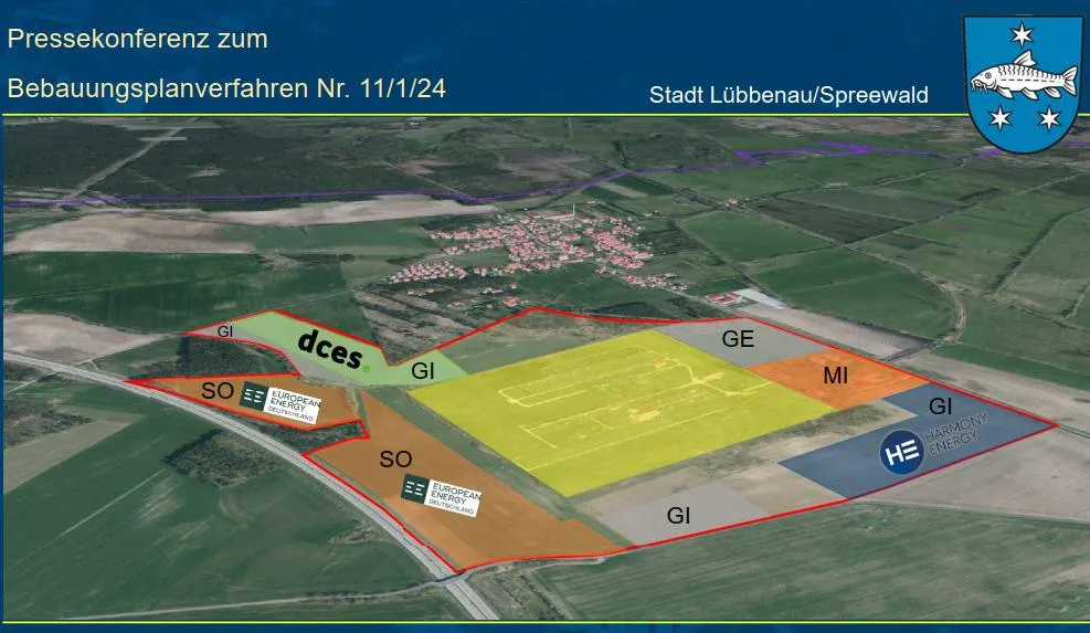Flächenplan für die Batteriespeicher und PV-Anlage am Umspannwerk Ragow; Grafik: Lübbenau