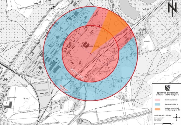 Lagekarte Sperrbereich für  Bombenentschärfung am 3. September 2025 (Stadt Schwarzheide)