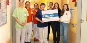 v.r.: Alina, Lea und Frau Hoffmann übergeben den Spendenscheck an das Team der Kinderstation (Bild: Lausitzer Seenland Klinikum)