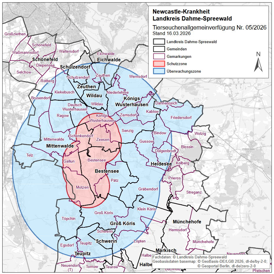 Erweiterte Sperr- und Überwachungszonen in Dahme-Spreewald wegen der Newcastle-Krankheit