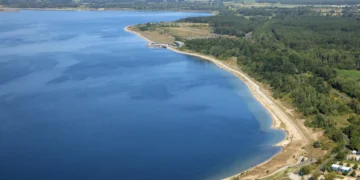 Sanierte Nordostböschung des Sedlitzer Sees im Lausitzer Seenland