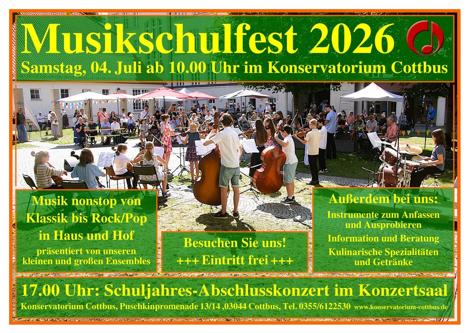 Plakat zum Musikschulfest am Konservatorium Cottbus am 4. Juli 2026