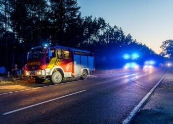Feuerwehr mit Blaulicht an der B179 bei Märkisch Buchholz