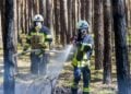 Einsatzkräfte löschen im Wald bei Halbe