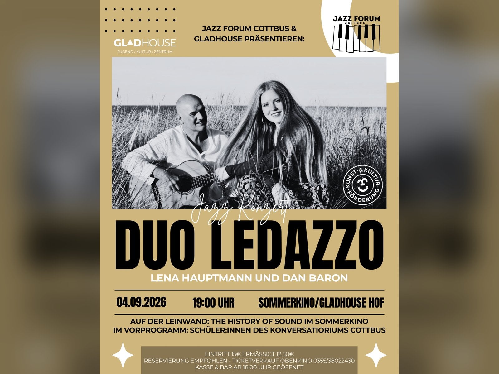 Veranstaltungsplakat des Jazz Forum Cottbus für das Konzert des Duo Ledazzo am 4. September