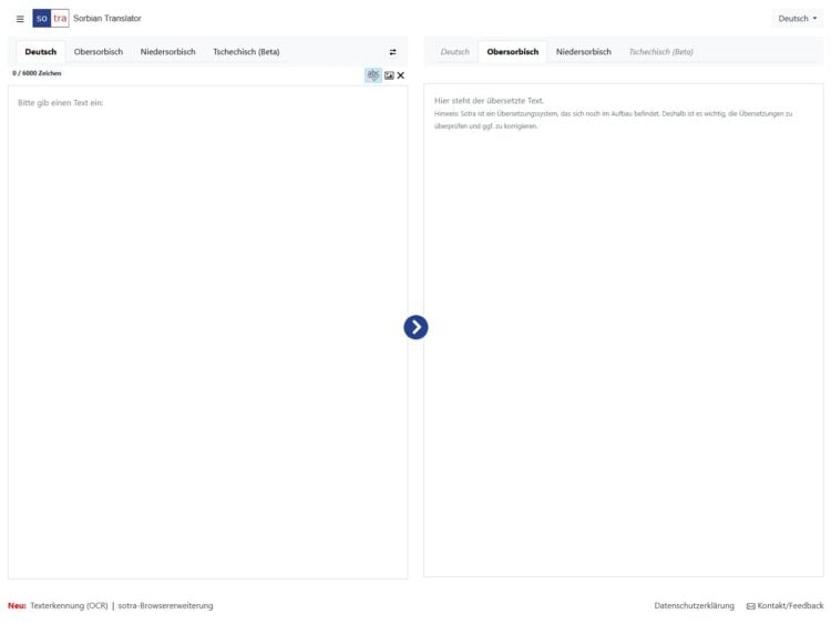 Benutzeroberfläche des Sorbisch-Deutschen Online-Übersetzers sotra.app