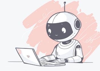 Roboterhände tippen auf der Tastatur eines Laptops