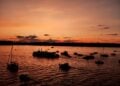 Boote auf dem Schwielochsee im Sonnenuntergang