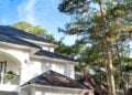 Modernes weisses Wohnhaus mit dunkler Dacheindeckung zwischen Kiefern