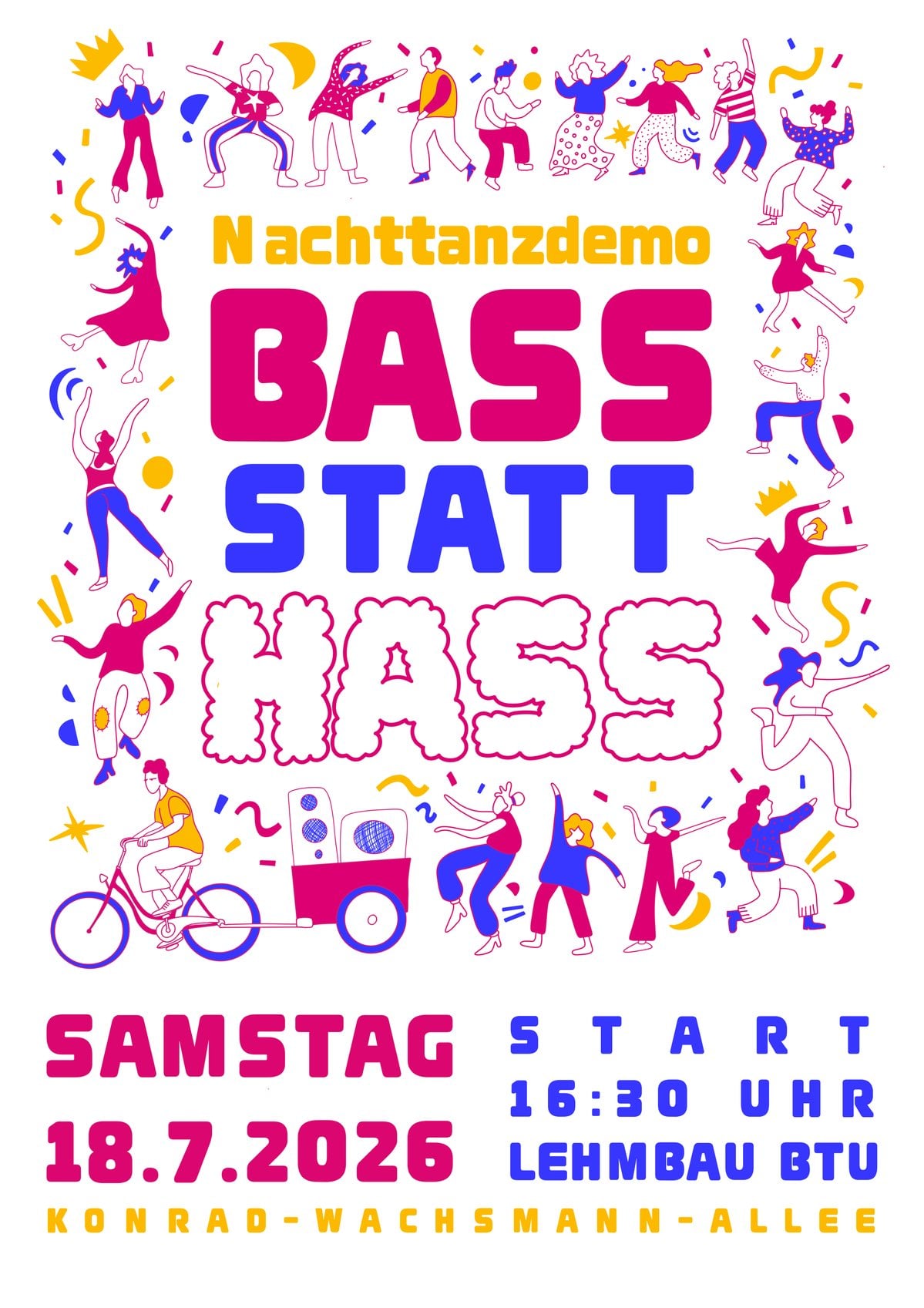 Plakat der Nachttanzdemo Cottbus 2026 unter dem Motto Bass statt Hass