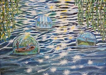 Gemälde: Spreewaldkahn und Motive in Blasen auf dem Wasser, umrahmt von Weidenzweigen