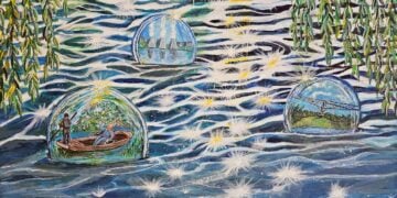 Gemälde: Spreewaldkahn und Motive in Blasen auf dem Wasser, umrahmt von Weidenzweigen
