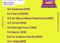 Gelbes Programmplakat mit neun Filmterminen der Kinogruppe Unteilbar Forst