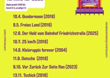Gelbes Programmplakat mit neun Filmterminen der Kinogruppe Unteilbar Forst