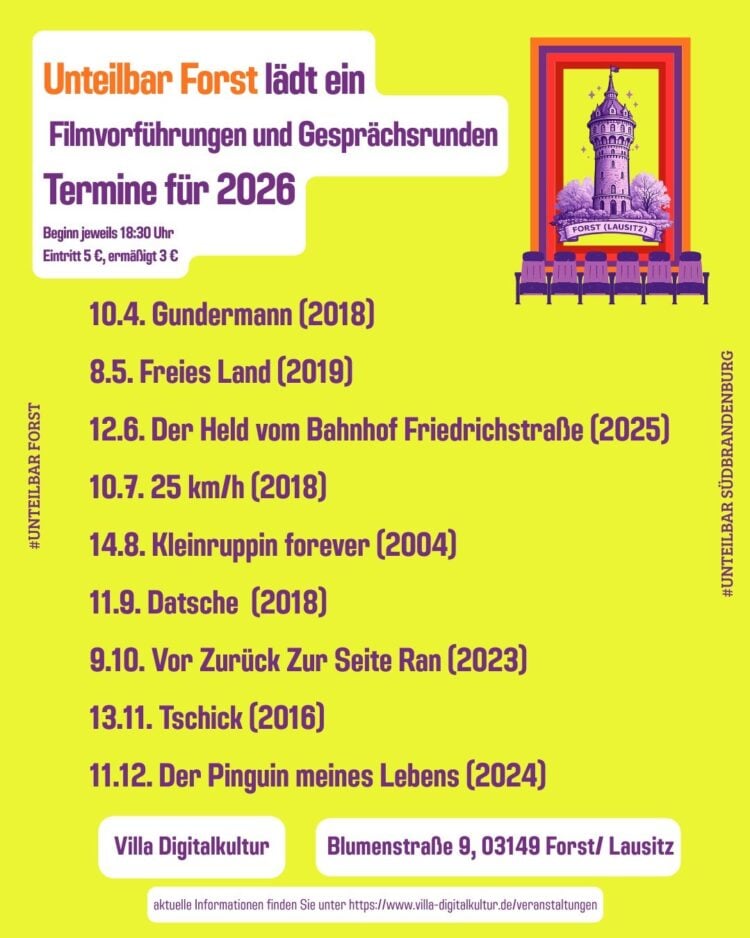 Gelbes Programmplakat mit neun Filmterminen der Kinogruppe Unteilbar Forst