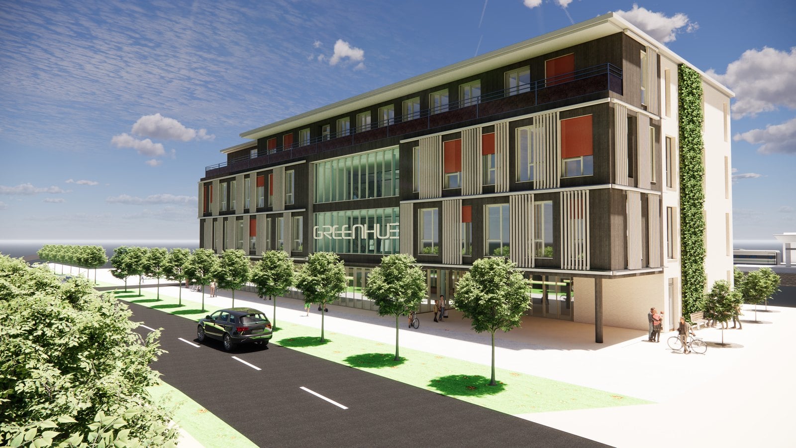 Visualisierung des viergeschossigen GREEN HUB mit begrünter Fassade