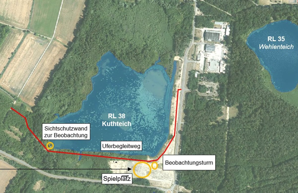 Lageplan des Kuthteichs mit eingezeichnetem Uferbegleitweg, Spielplatz, Beobachtungsturm und Sichtschutzwand