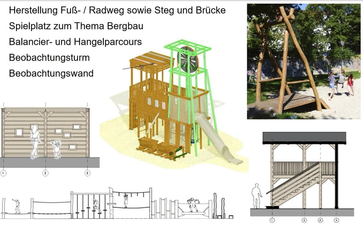Entwurfszeichnungen eines Spielgeräts in Form eines Förderturms sowie von Beobachtungsturm und Sichtschutzwand